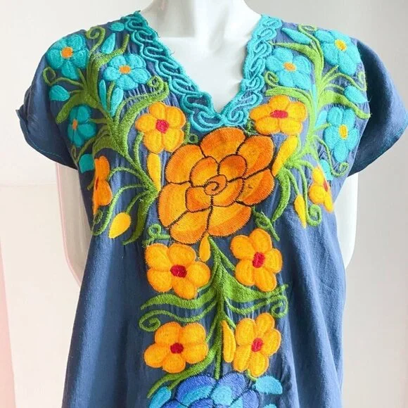 Vintage Navy Blue Cotton Floral Embroidered Tunic Dress L - Picture 4 of 7